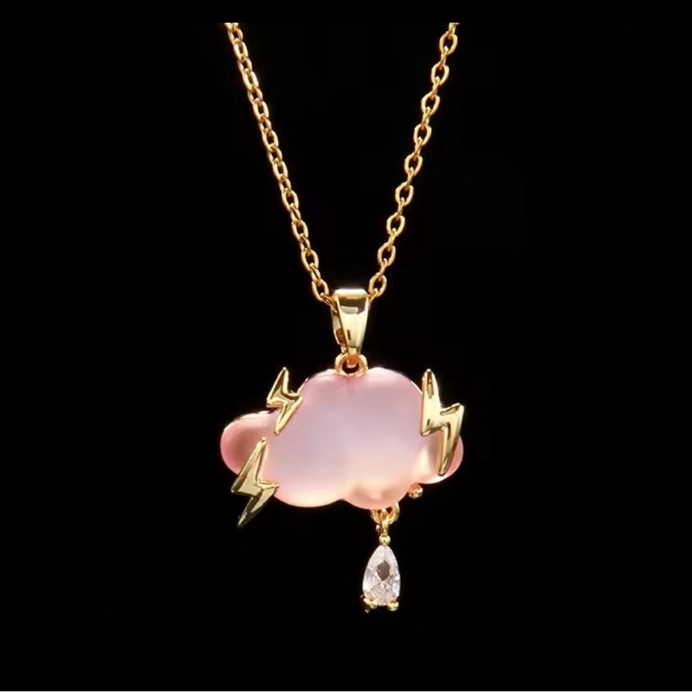 18K Gold Pink Opalescent Cloud Lightning Bolts Diamond Rain Drop Necklace
